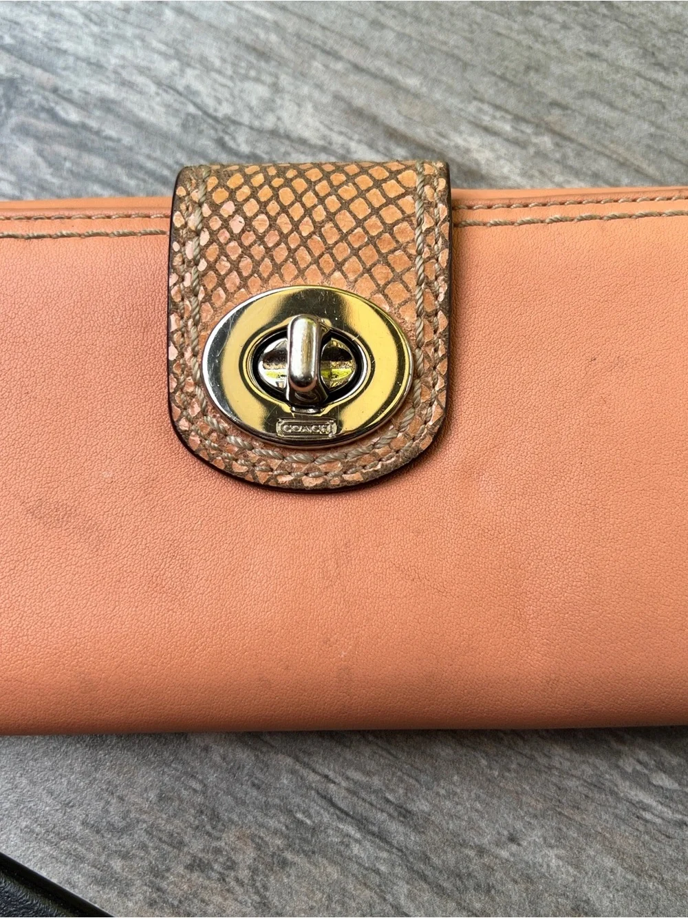Coach Peach Leather Turn-Lock Wallet with Snakeskin Accent